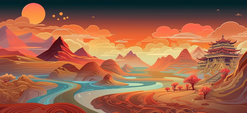 国潮山水亭台楼阁手绘插画背景,插画/手绘图,插画/手绘图库,插画/手绘图下载,插画/手绘